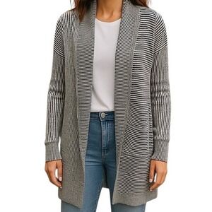Tahari‎ Blue White Ribbed Open Front Striped Cardigan Sweater Size Small